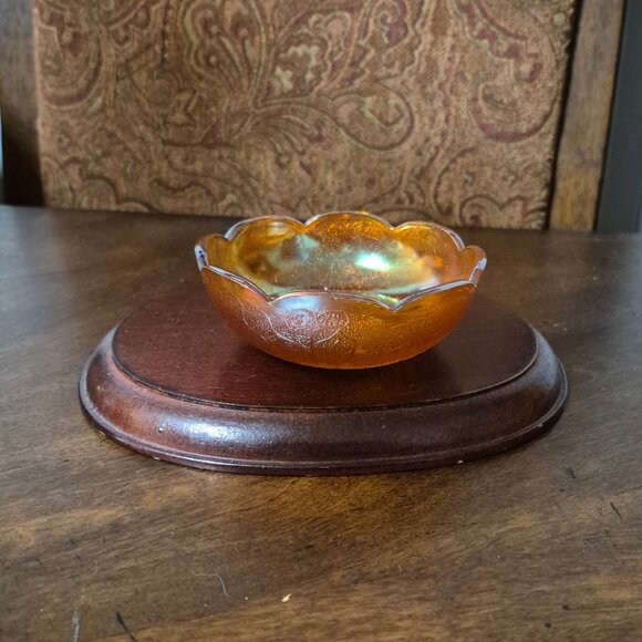 VTG JEANETTE Crackle Marigold Iridescent Glass Scalloped Edge 4.25" Berry Bowls - Picture 2 of 5